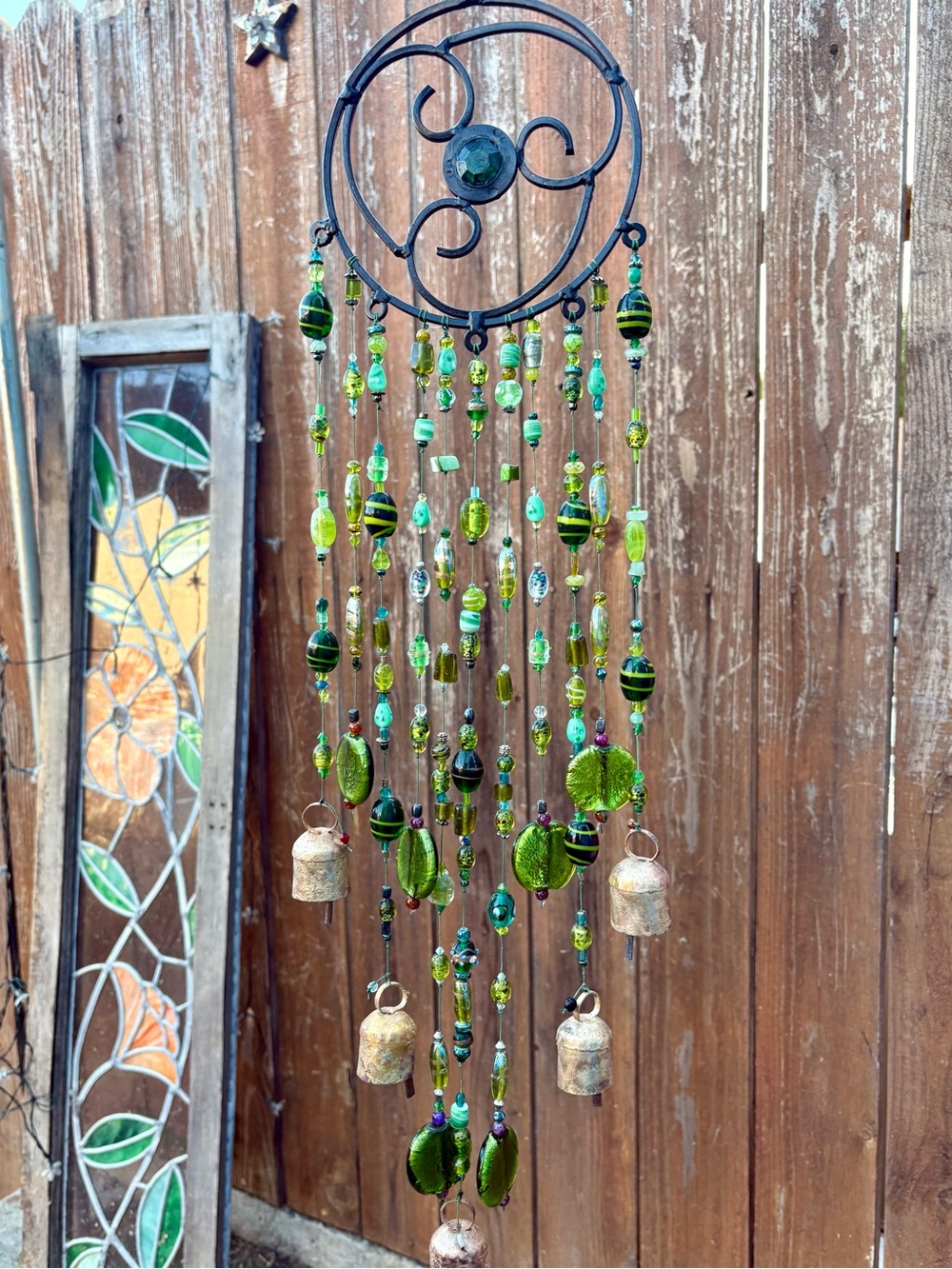 Celtic Knot Triquetra w/ Bells Wind Chime Trinity Symbol Hand-Beaded Green Glass